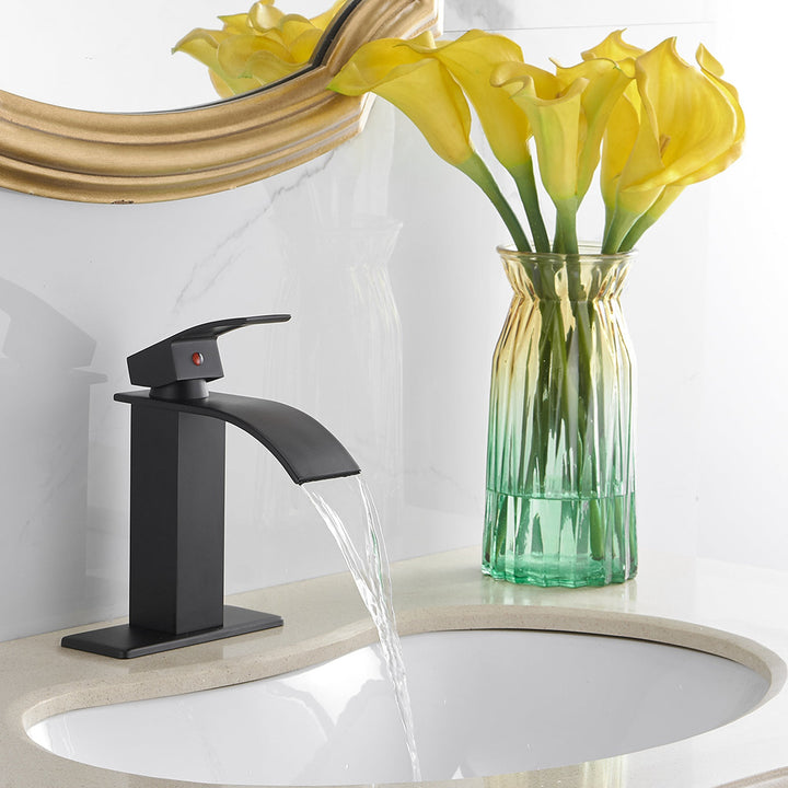 Waterfall Single Hole Single-Handle Low-Arc Bathroom Faucet With Pop-up Drain Assembly