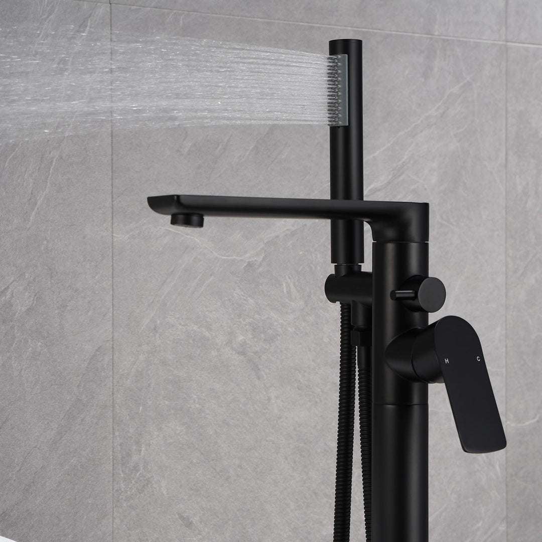Freestanding Double-Handle Floor Mount Tub Faucet Bathtub Filler with Hand Shower in Matte Black