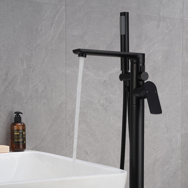 Freestanding Double-Handle Floor Mount Tub Faucet Bathtub Filler with Hand Shower in Matte Black