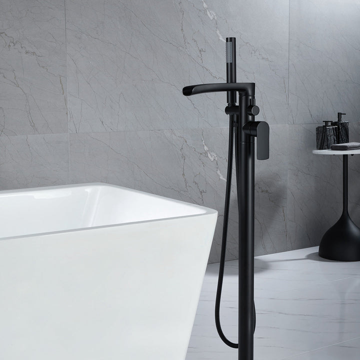 Single-Handle Floor Mount Tub Faucet Bathtub Filler with Hand Shower in Matte Black