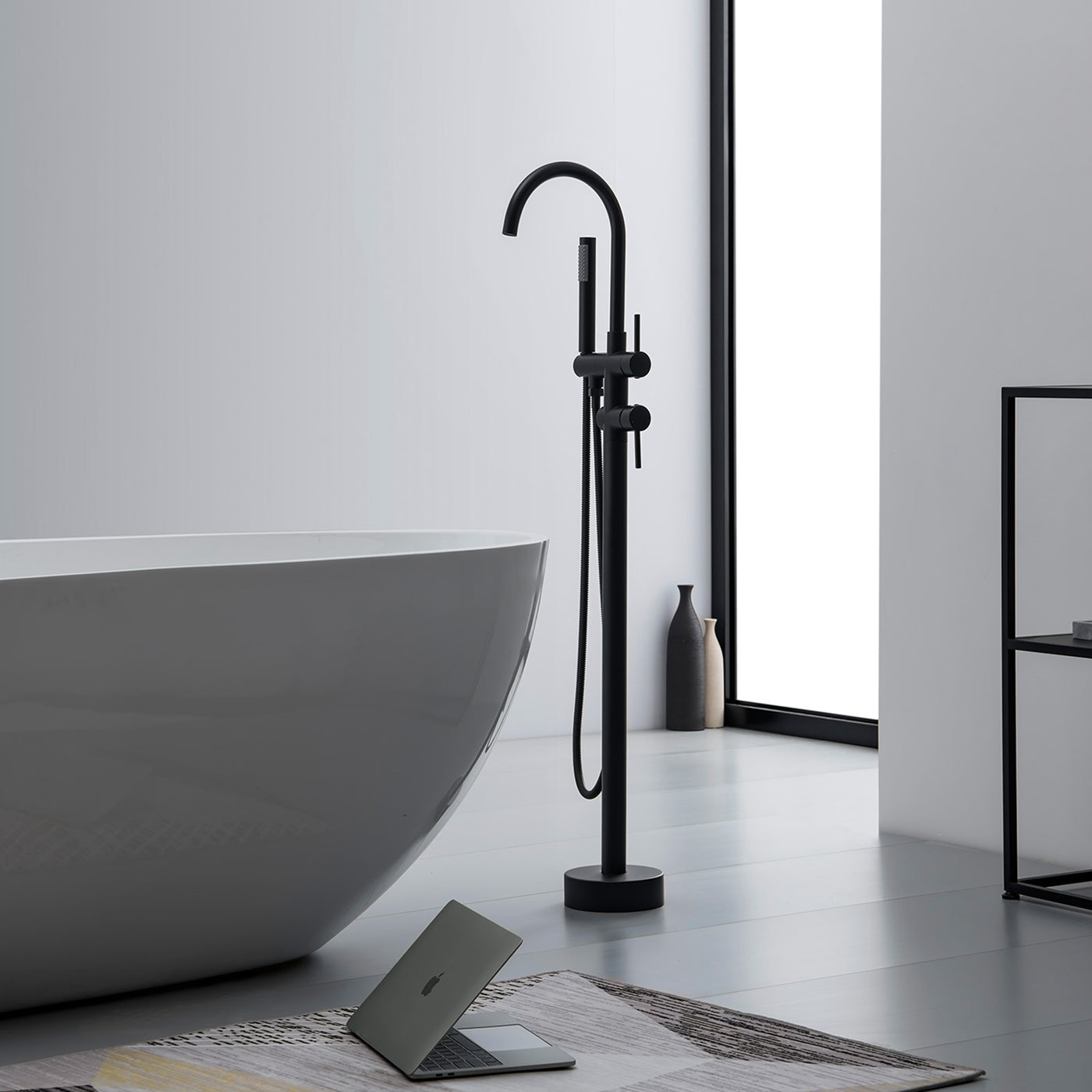 Double-Handle Freestanding Floor Mount Tub Faucet Bathtub Filler with Hand Shower in Matte Black