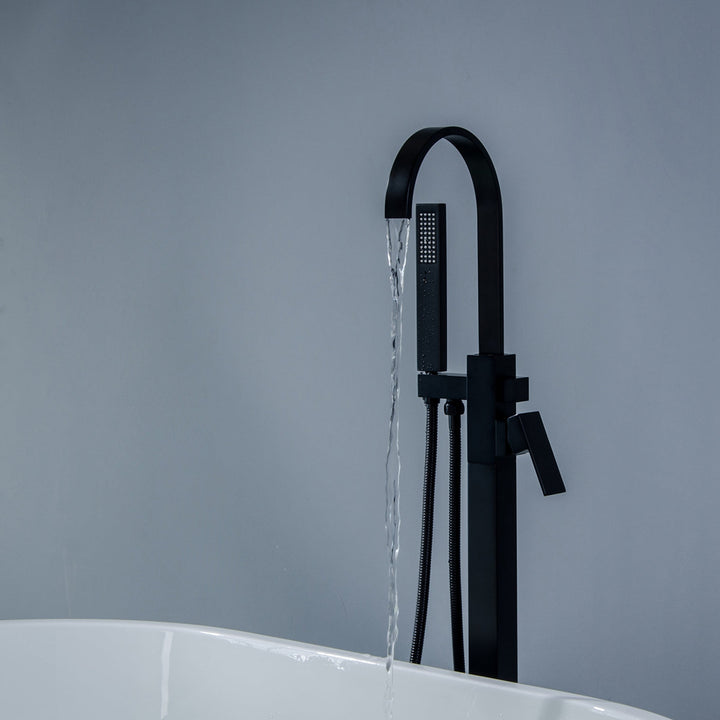 Freestanding Single-Handle Floor Mount Tub Faucet Bathtub Filler with Hand Shower in Matte Black