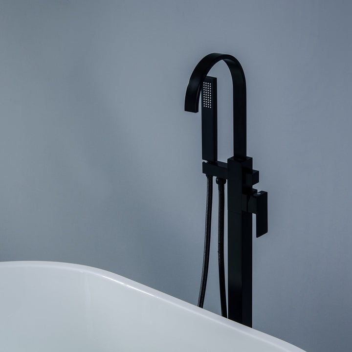 Freestanding Single-Handle Floor Mount Tub Faucet Bathtub Filler with Hand Shower in Matte Black