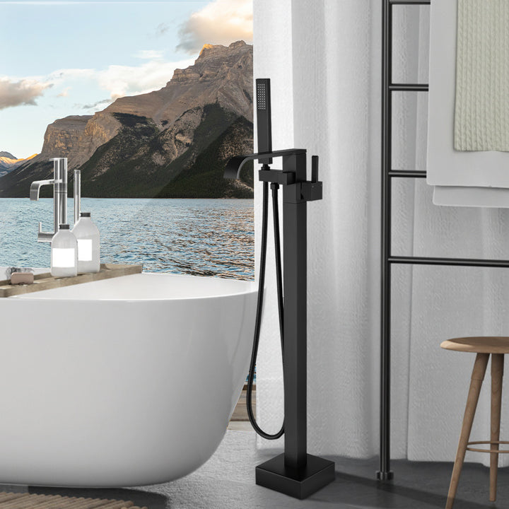 Single-Handle Freestanding Floor Mount Tub Faucet Bathtub Filler with Hand Shower in Matte Black