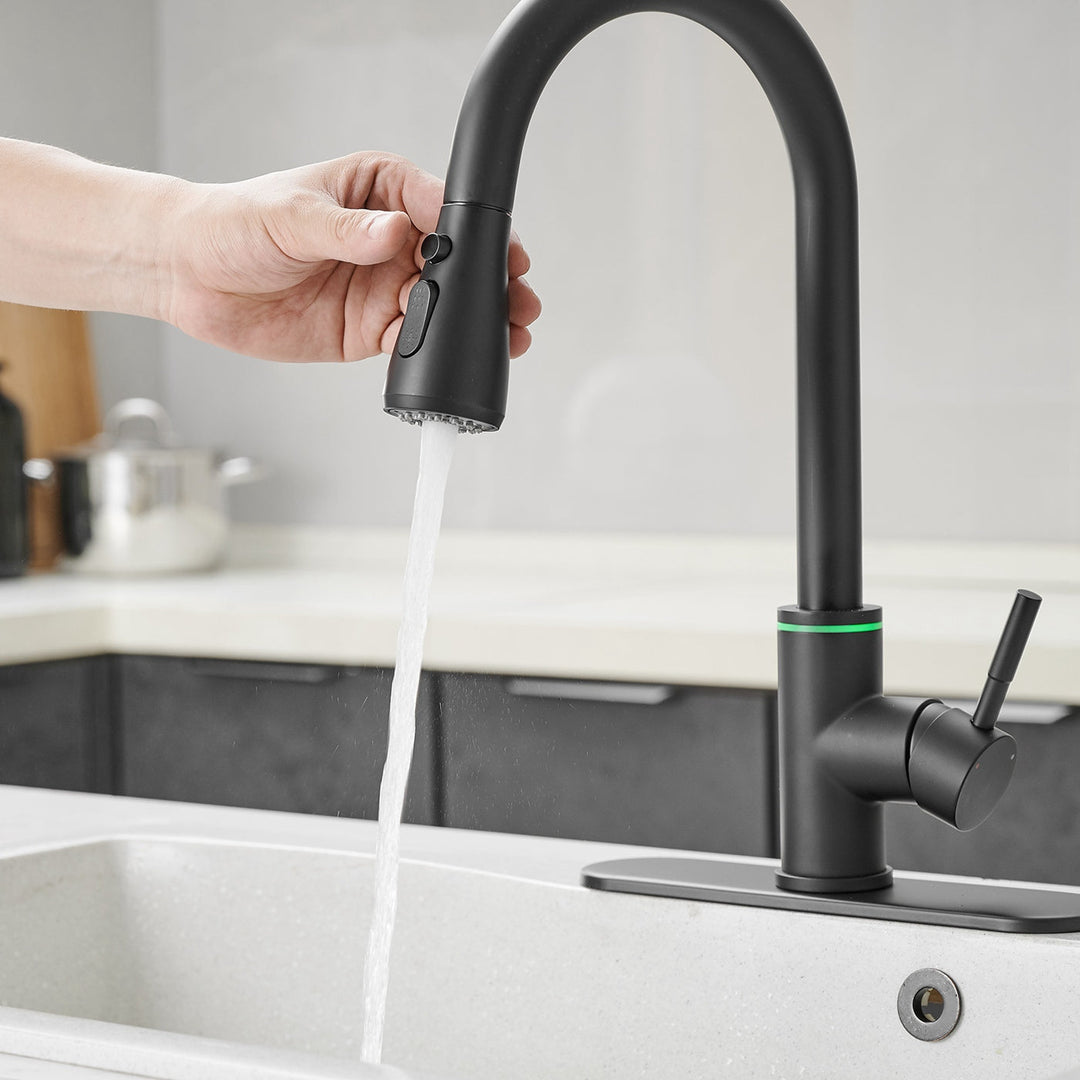 Single Handle Touch On Deck Mount Pull Down Sprayer Kitchen Faucet with LED Light & Deck Plate