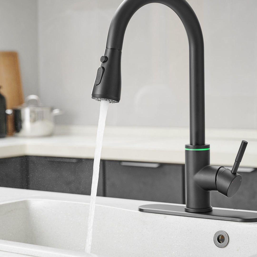 Single Handle Touch On Deck Mount Pull Down Sprayer Kitchen Faucet with LED Light & Deck Plate