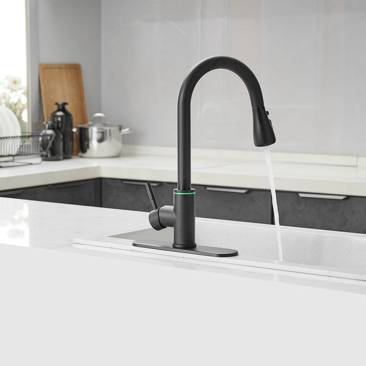 Single Handle Touch On Deck Mount Pull Down Sprayer Kitchen Faucet with LED Light & Deck Plate