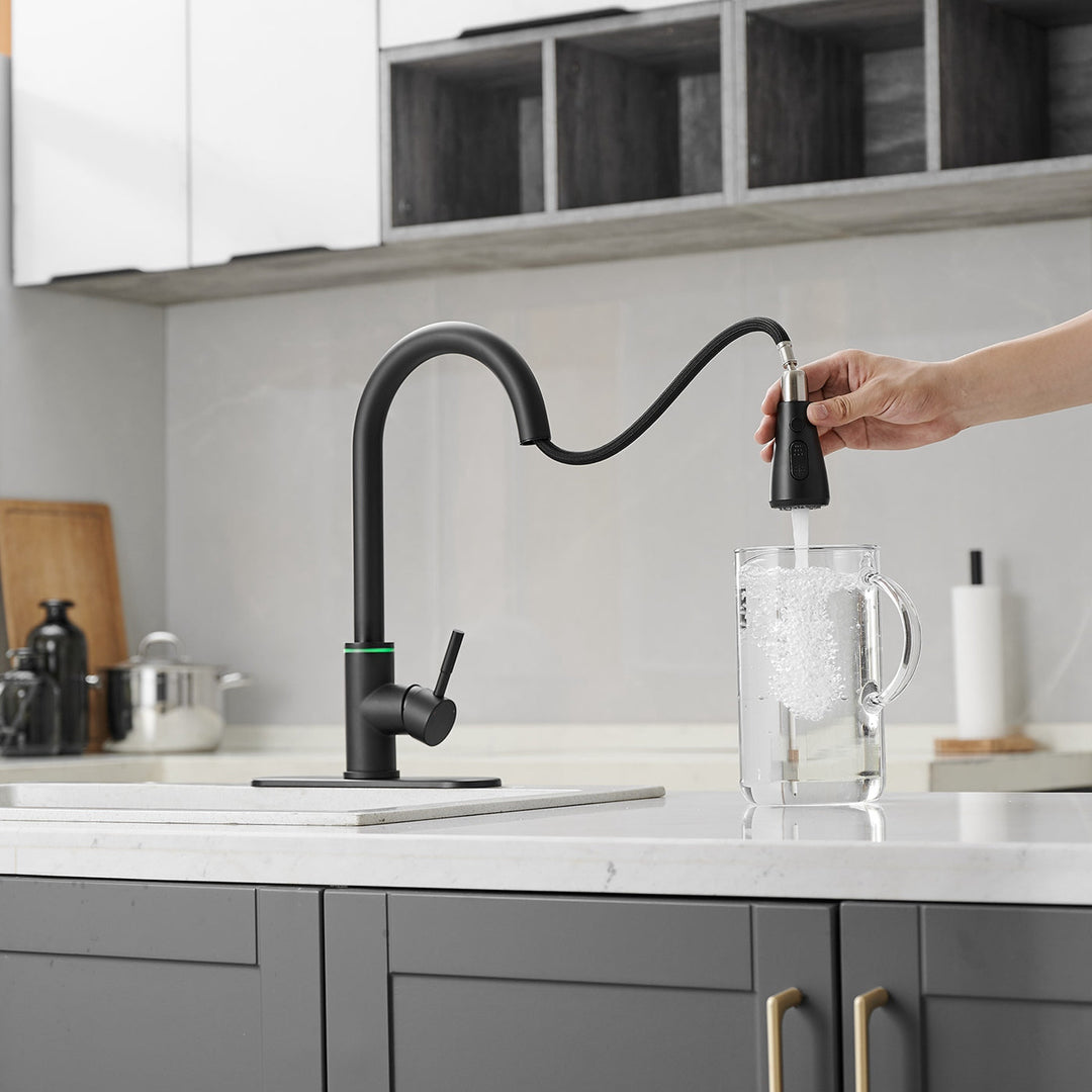 Single Handle Touch On Deck Mount Pull Down Sprayer Kitchen Faucet with LED Light & Deck Plate