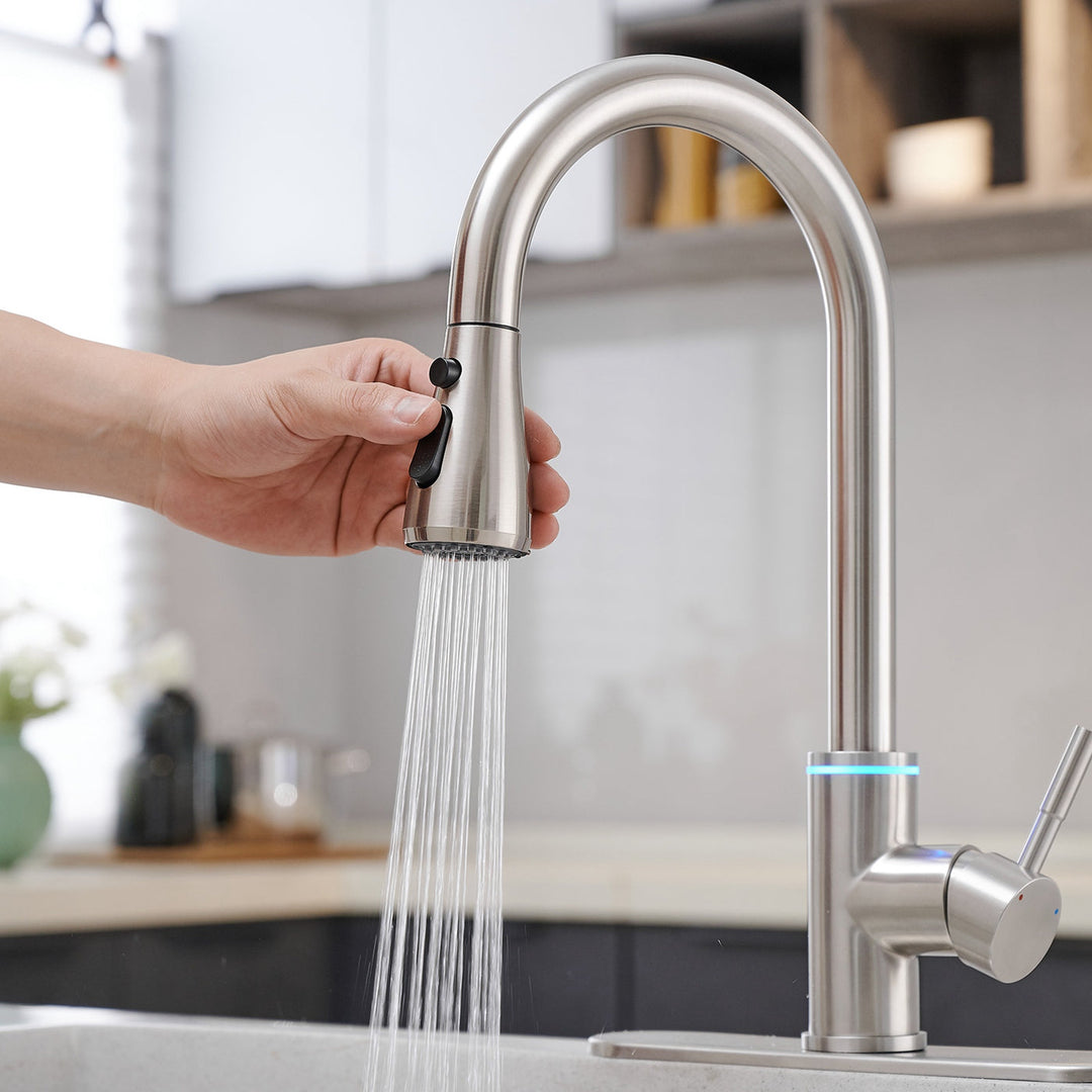 Single Handle Touch On Deck Mount Pull Down Sprayer Kitchen Faucet with LED Light & Deck Plate