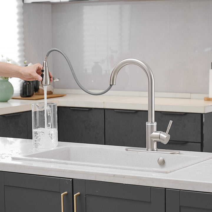 Single Handle Touch On Deck Mount Pull Down Sprayer Kitchen Faucet with LED Light & Deck Plate