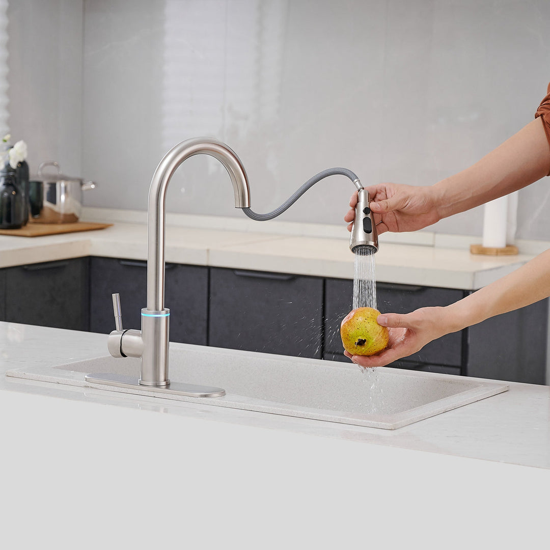 Single Handle Touch On Deck Mount Pull Down Sprayer Kitchen Faucet with LED Light & Deck Plate