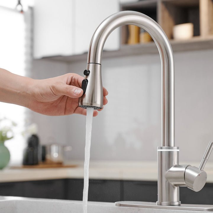 Single Handle Touch On Deck Mount Pull Down Sprayer Kitchen Faucet with LED Light & Deck Plate