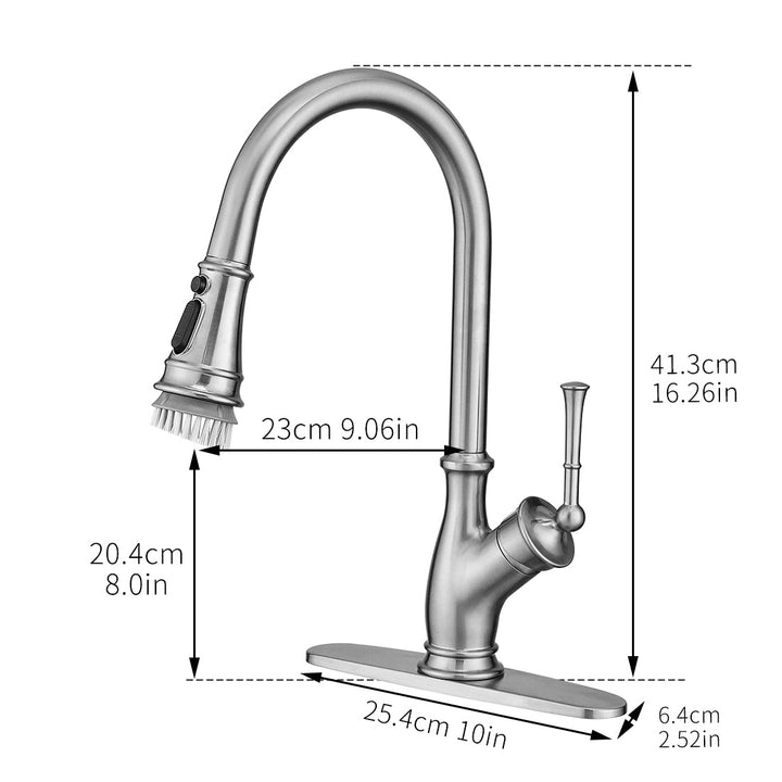 Single Handle Pull Down Sprayer Kitchen Faucet with 360° Rotation and Deckplate in Brushed Nickel