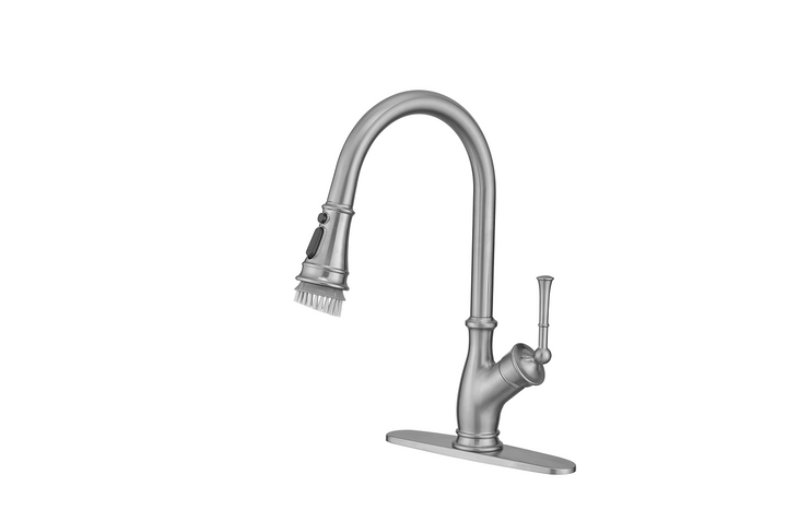 Single Handle Pull Down Sprayer Kitchen Faucet with 360° Rotation and Deckplate in Brushed Nickel
