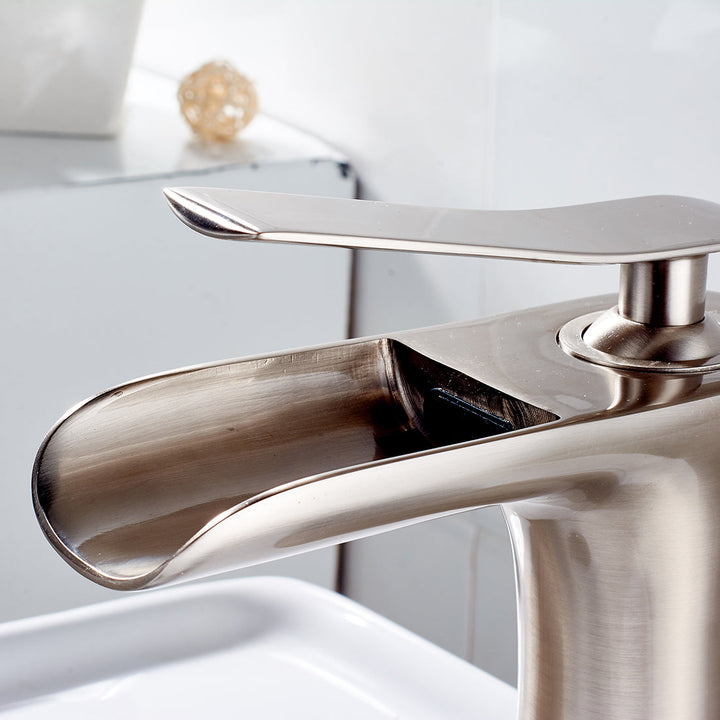 Single Hole Single-Handle Bathroom Faucet in Brushed Nickel with Waterfall Spout