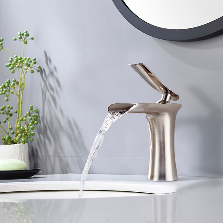 Single Hole Single-Handle Bathroom Faucet in Brushed Nickel with Waterfall Spout