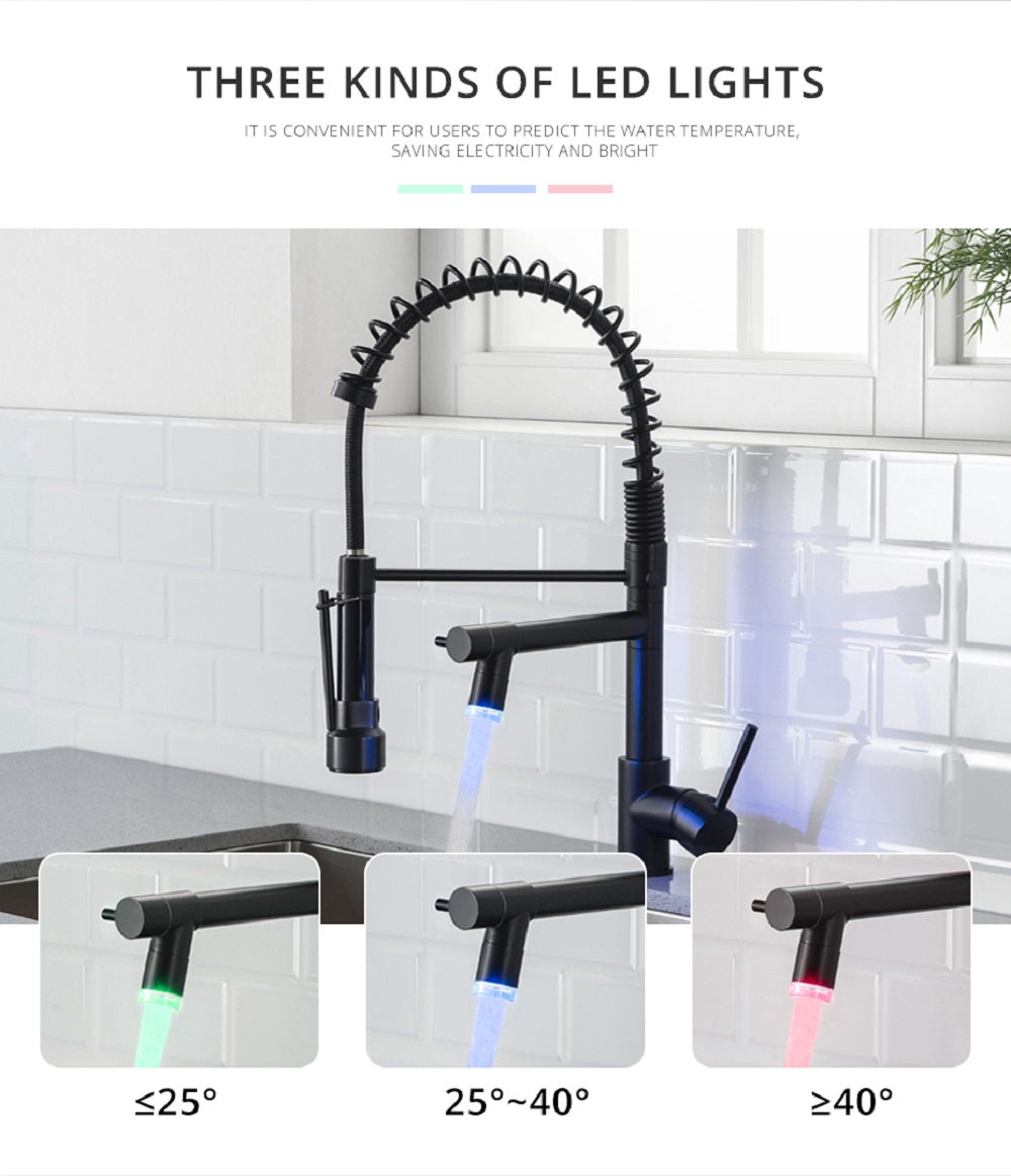 Single Handle Pull Down Sprayer Kitchen Faucet with 360° Rotation and LED Lights in Matte Black