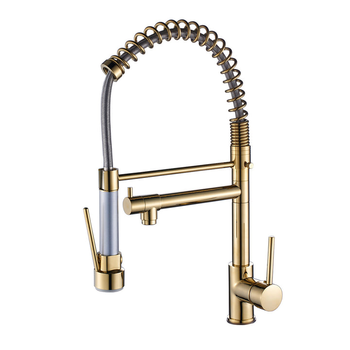 Single Handle Pull Down Sprayer Kitchen Faucet with 360° Rotation in Polished Gold