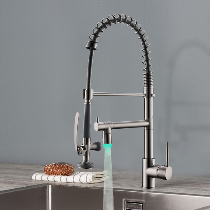 Single Handle Pull Down Sprayer Kitchen Faucet with 360° Rotation and LED Light in Brushed Nickel