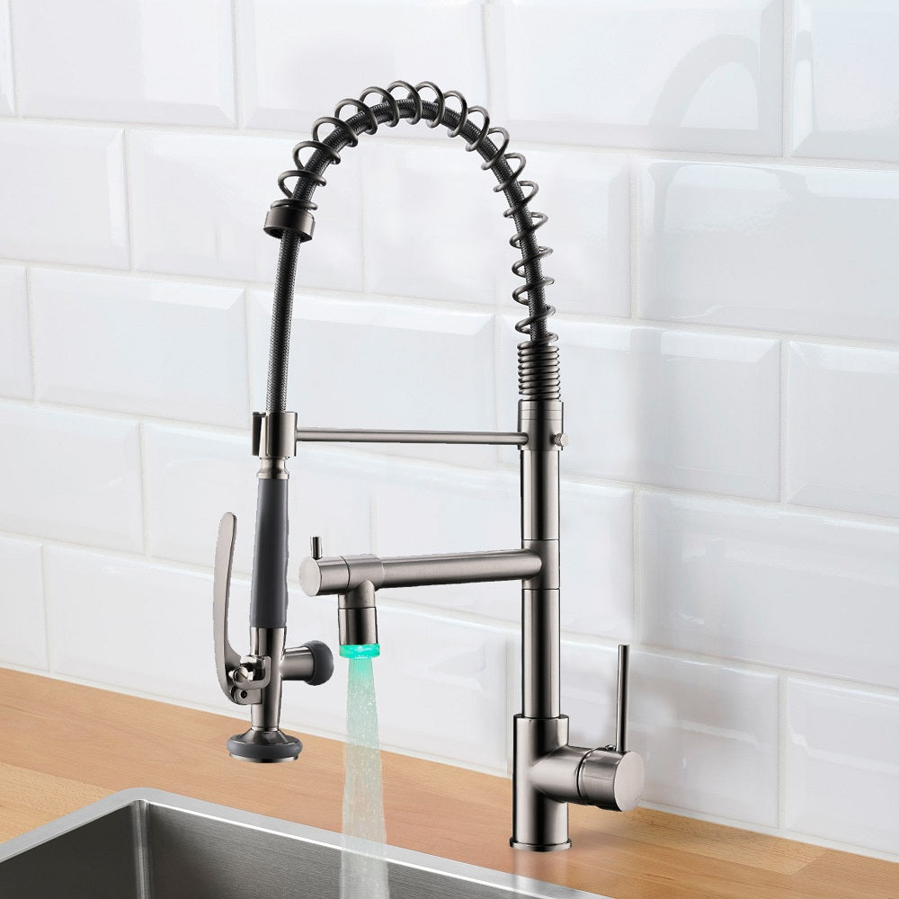 Single Handle Pull Down Sprayer Kitchen Faucet with 360° Rotation and LED Light in Brushed Nickel