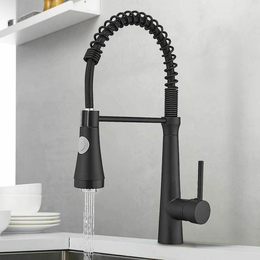 Single Handle Pull Down Sprayer Kitchen Faucet with 360° Rotation and LED Lights in Matte Black