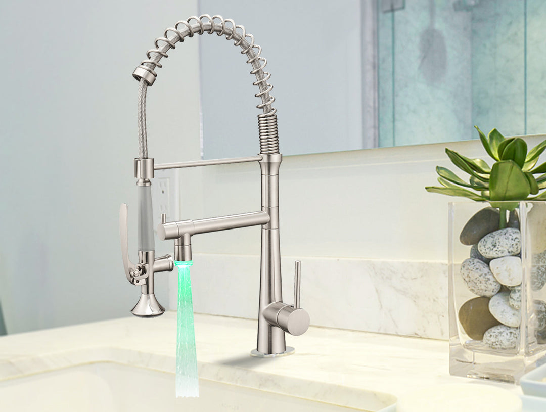Single Handle Pull Down Sprayer Kitchen Faucet with 360° Rotation and LED Lights in Brushed Nickel