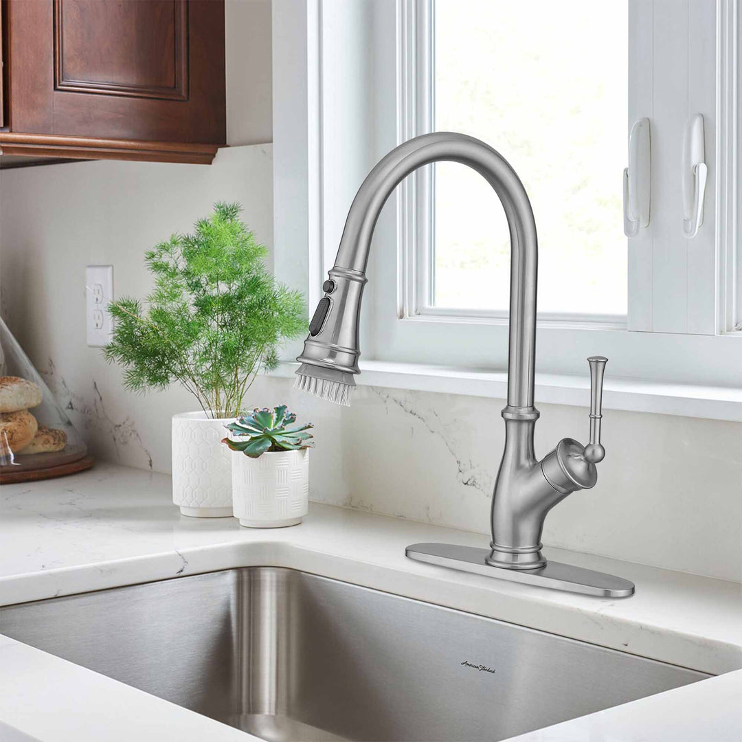 Single Handle Pull Down Sprayer Kitchen Faucet with 360° Rotation and Deckplate in Brushed Nickel