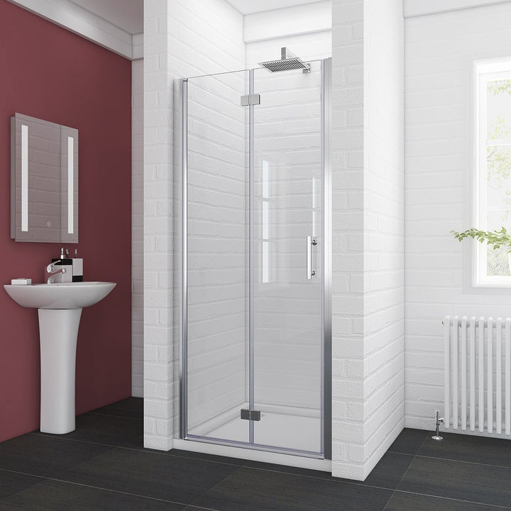 34 in. x 72 in. Semi-Frameless Hinged Bathtub Bi-Fold Shower Door in Clear Glass, 34 in. W with Handle in Chrome