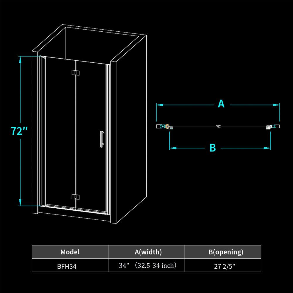 34 in. x 72 in. Semi-Frameless Hinged Bathtub Bi-Fold Shower Door in Clear Glass, 34 in. W with Handle in Chrome