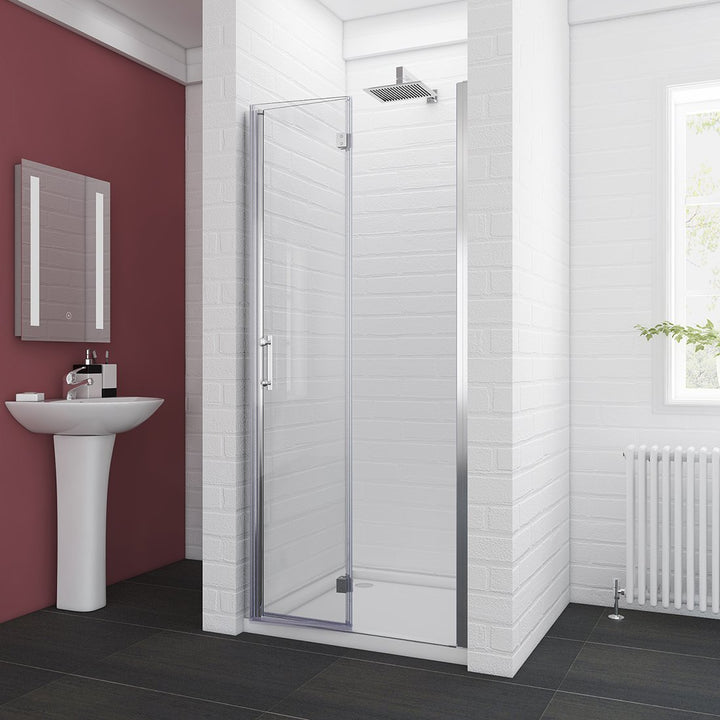 34 in. x 72 in. Semi-Frameless Hinged Bathtub Bi-Fold Shower Door in Clear Glass, 34 in. W with Handle in Chrome