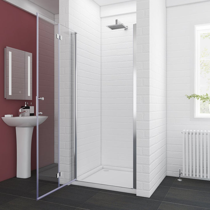 34 in. x 72 in. Semi-Frameless Hinged Bathtub Bi-Fold Shower Door in Clear Glass, 34 in. W with Handle in Chrome
