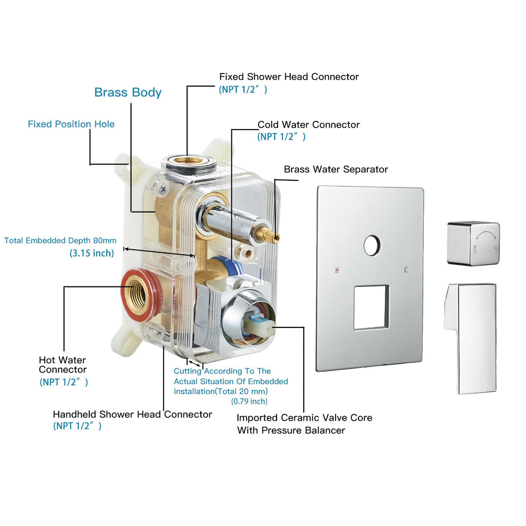 10inch/ 12inch/ 16inch Showerhead Single-Handle 2-Spray Square  Shower Faucet Valve Included
