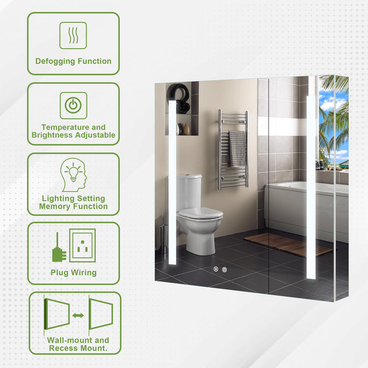 30" x 30" Lighted LED Surface/Recessed Mount Aluminum Mirrored Medicine Cabinet Anti-Fog Dimmable with Outlet