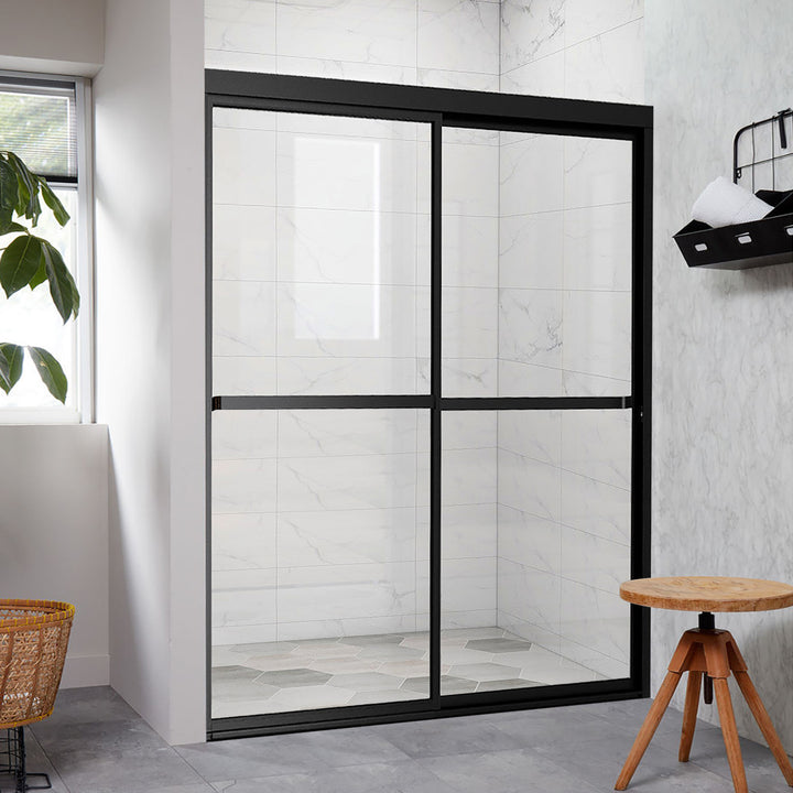 Double Sliding Shower Tub Door 55-in to 59-in W x 56-in H Double Semi-frameless Sliding Matte Black Soft Close Standard Bathtub Door (Clear Glass)