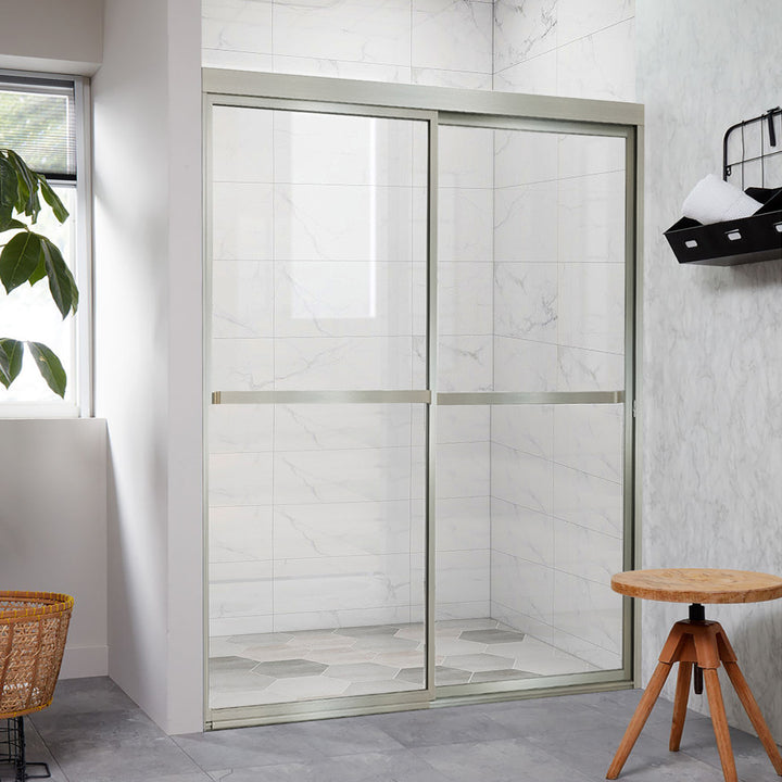 Double Sliding Shower Door 55-in to 59-in W x 56-in H Double Semi-frameless Sliding Brushed Nickel Soft Close Standard Shower Door (Clear Glass)