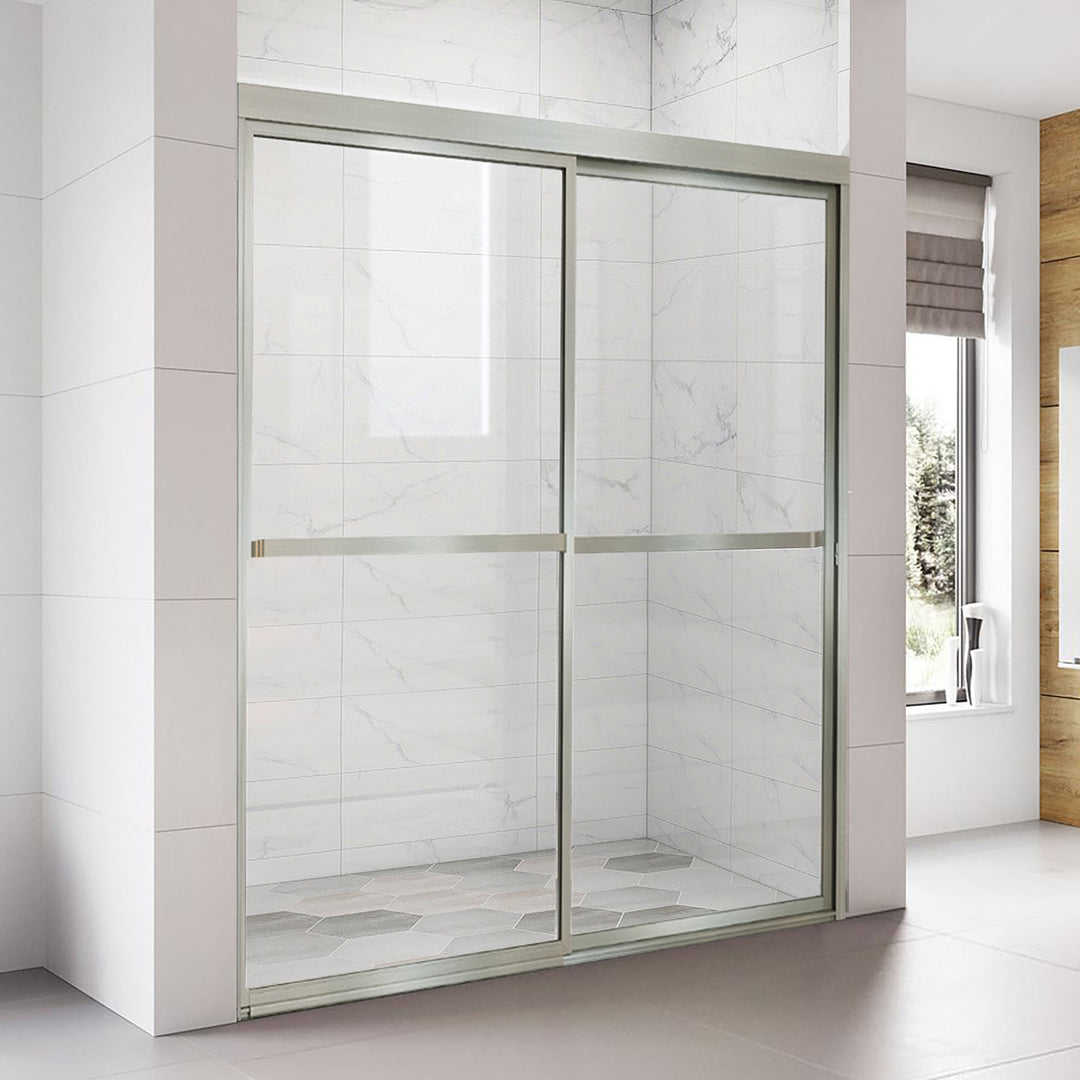 Double Sliding Shower Door 55-in to 59-in W x 56-in H Double Semi-frameless Sliding Brushed Nickel Soft Close Standard Shower Door (Clear Glass)