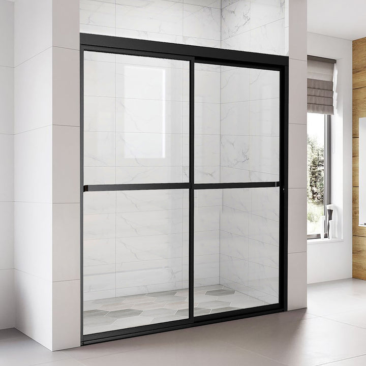 Double Sliding Shower Tub Door 55-in to 59-in W x 56-in H Double Semi-frameless Sliding Matte Black Soft Close Standard Bathtub Door (Clear Glass)