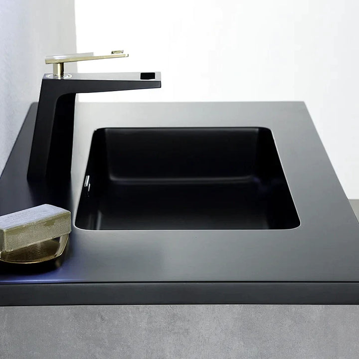 Wood Melamine Vanity Set in Gray with Quartz Sand Surface Top Black Basin