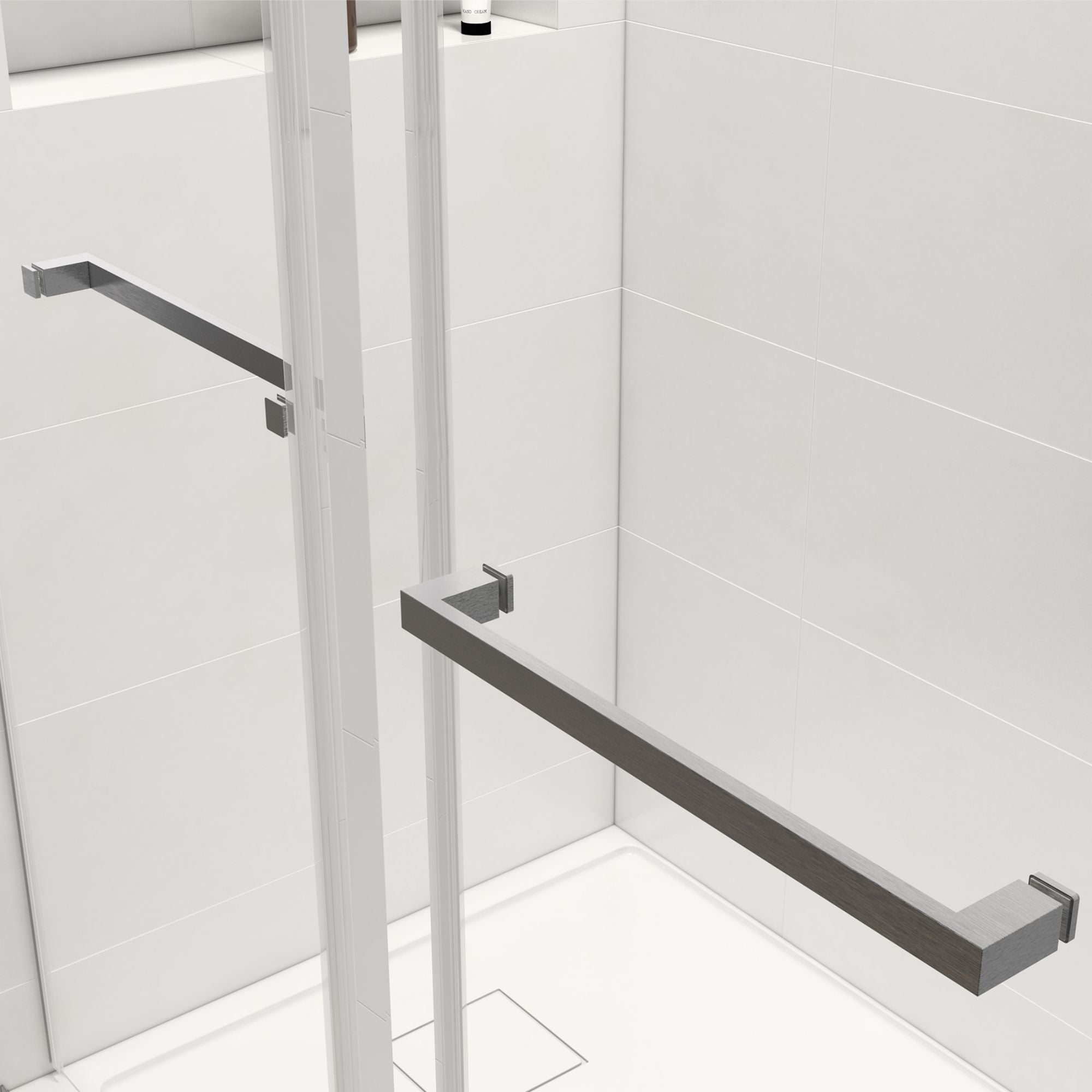 56 in to 60 in W x 76 in H. Trackless Double Sliding Shower Door