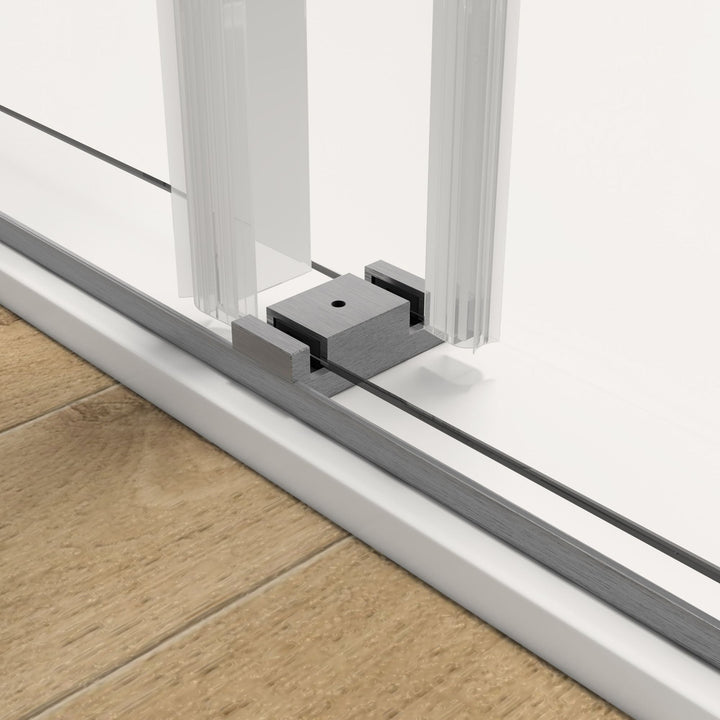 56 in to 60 in W x 76 in H. Trackless Double Sliding Shower Door