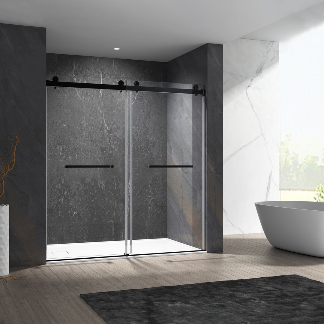 56 in to 60 in W x 76 in H. Trackless Double Sliding Shower Door