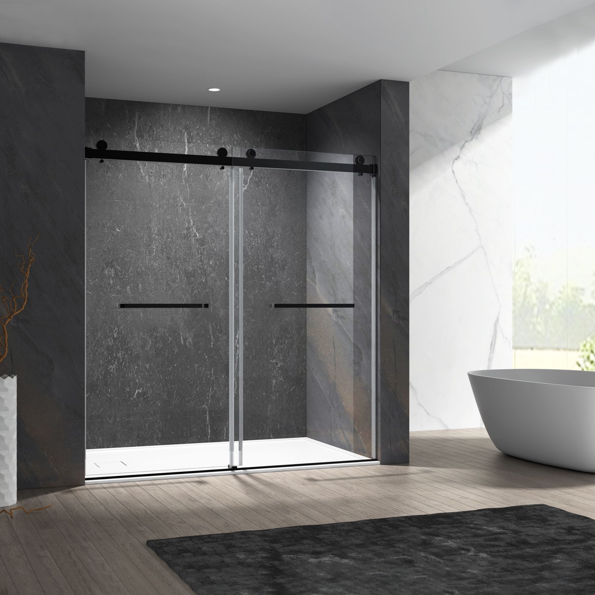 56 in to 60 in W x 76 in H. Trackless Double Sliding Shower Door