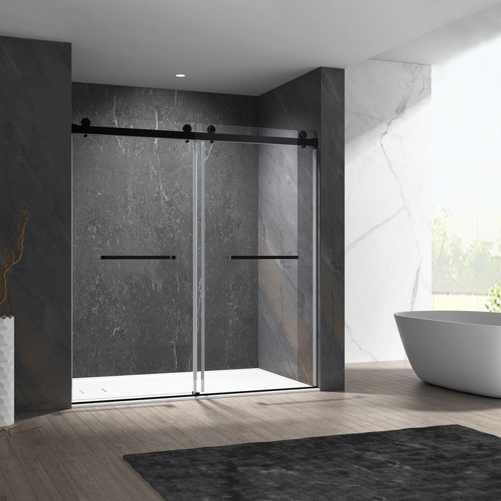 56 in to 60 in W x 76 in H. Trackless Double Sliding Shower Door