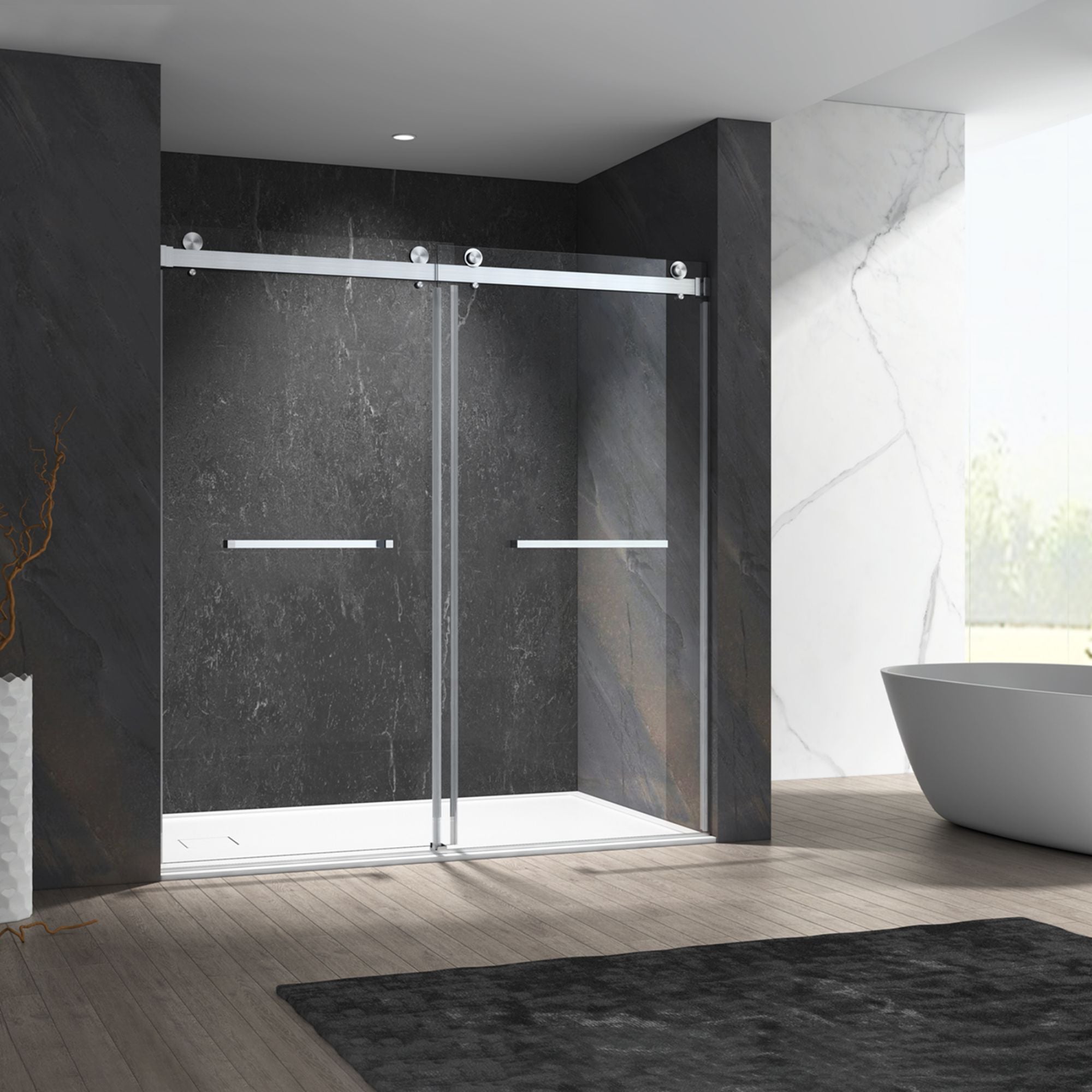56 in to 60 in W x 76 in H. Trackless Double Sliding Shower Door