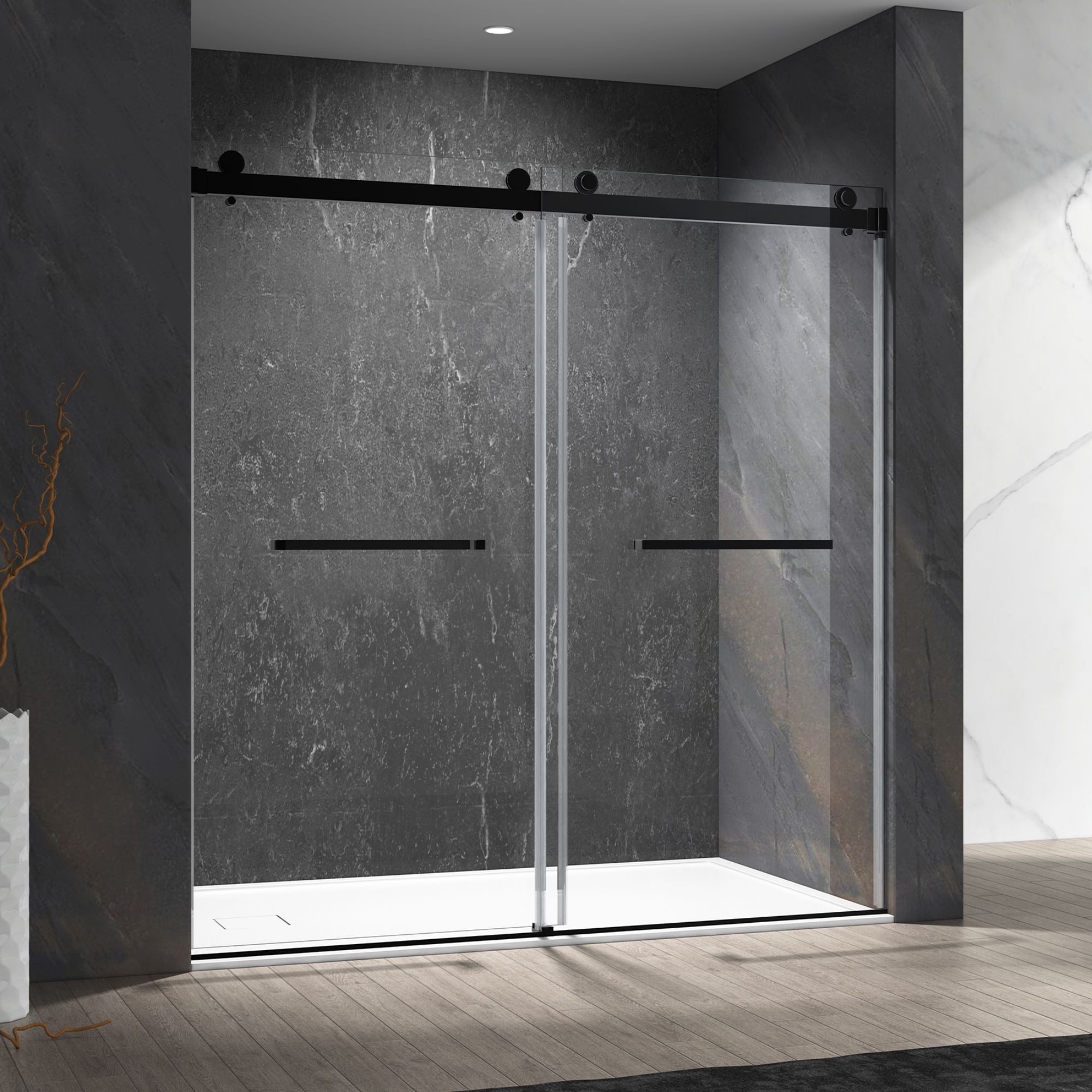 56 in to 60 in W x 76 in H. Trackless Double Sliding Shower Door
