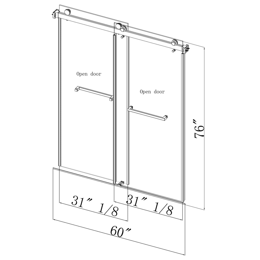 56 in to 60 in W x 76 in H. Trackless Double Sliding Shower Door
