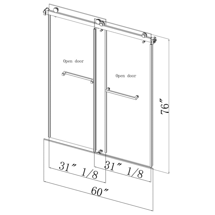 56 in to 60 in W x 76 in H. Trackless Double Sliding Shower Door