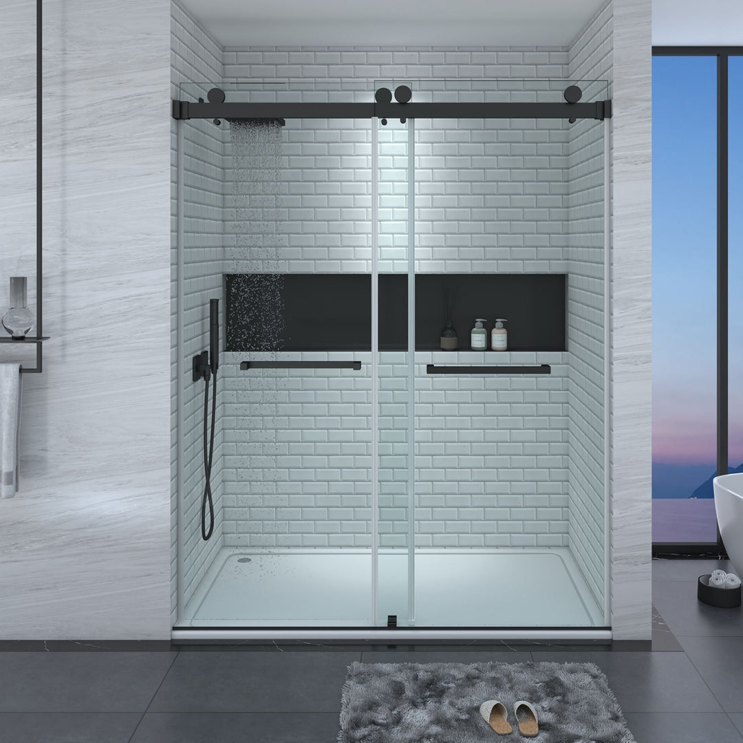 56 in to 60 in W x 76 in H. Trackless Double Sliding Shower Door