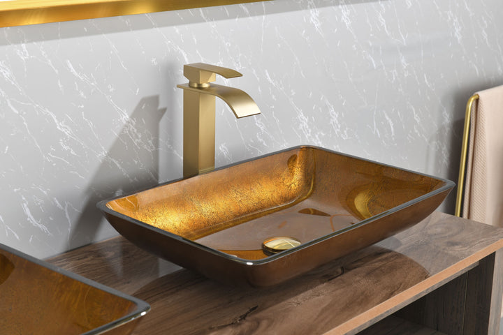 22.25in L -14.25in W -10.75in H Glass Rectangular Vessel Bathroom Sink in Gold