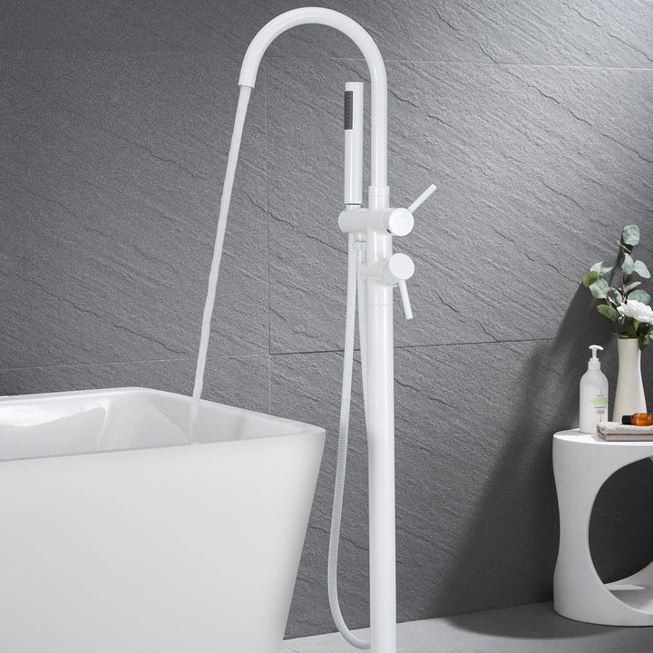 Freestanding Bathtub Faucet Floor Mounted Faucet With Hand Shower in White